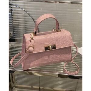 Mini Light Pink Crocodile Print Satchel Bag Turn Lock Top Handle Crossbody Strap